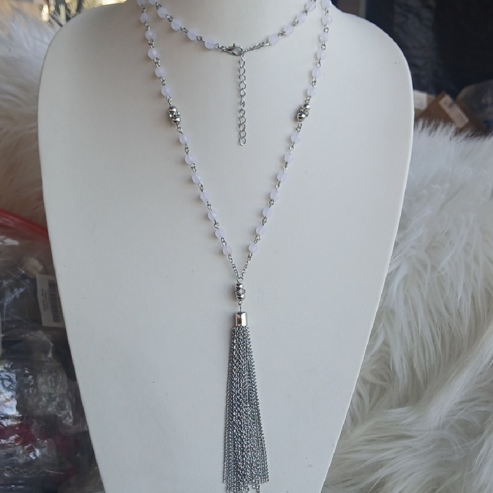 Paparazzi Silver and White Tassel Necklace Long
